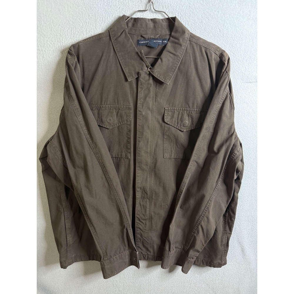 French Connection Jacket Men's XXL‎ Brown Cotton Full Zip Military Style Jacket